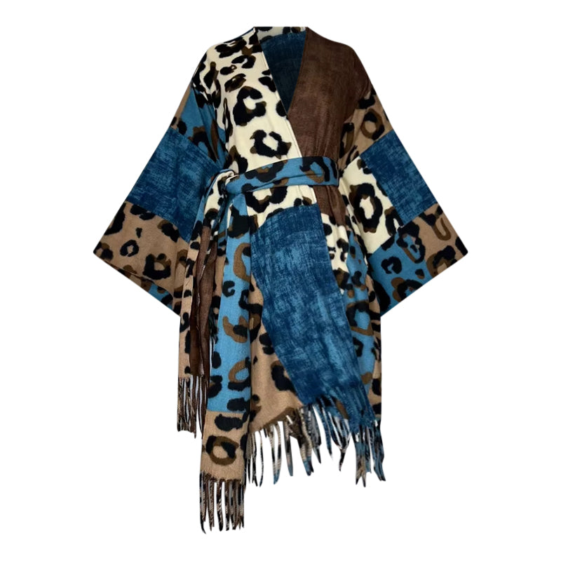 Multicolored poncho with leopard print and denim patterns on a white background (Blue)
