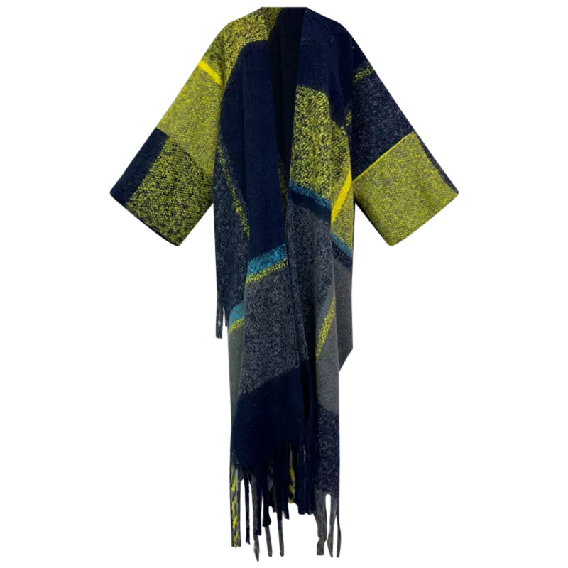 Colorful kimono-style garment with fringes on a white background (Blue)