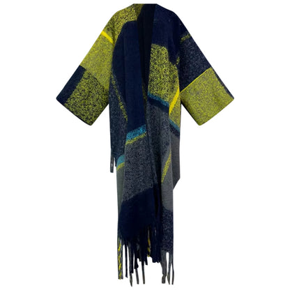 Colorful kimono-style garment with fringes on a white background (Blue)