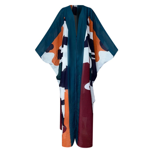 (Green) Colorful kimono-style garment on a white background