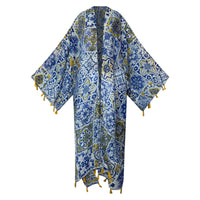Decorative kimono robe with blue and yellow patterns