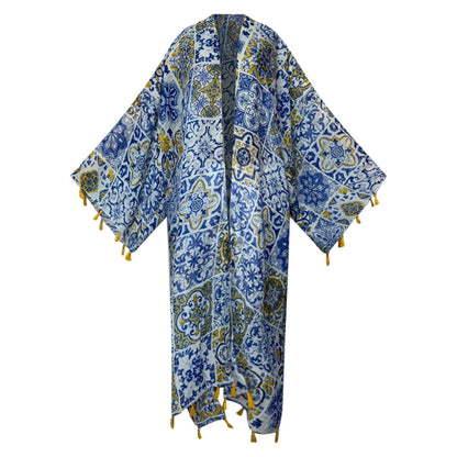 Decorative kimono robe with blue and yellow patterns