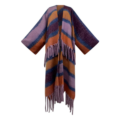 Striped poncho with fringes on a white background (Purple)