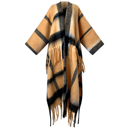Plaid poncho with fringes on a white background (Orange)
