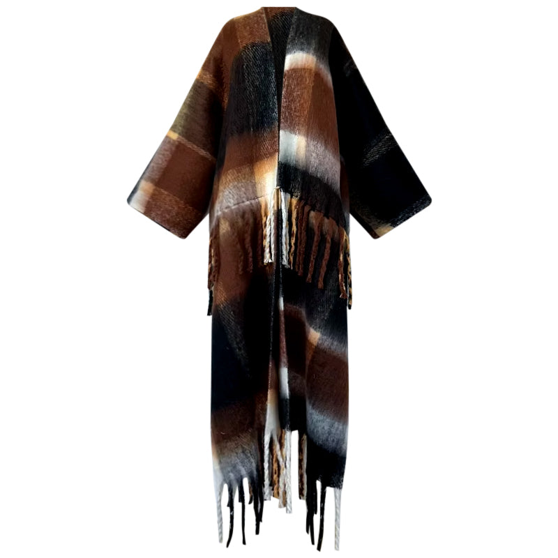 Plaid shawl with fringe details on a white background (Brown)