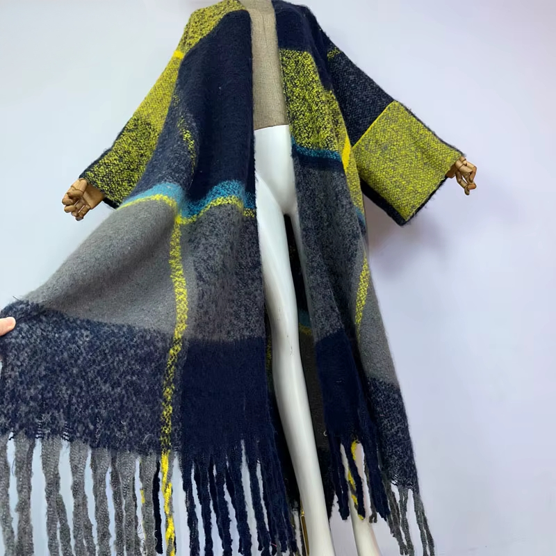 Colorful scarf with fringe on a mannequin against a white background (Blue)