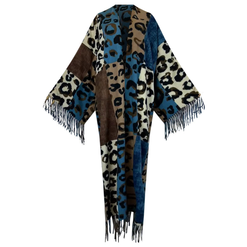 Leopard print scarf with fringes on a white background (Blue)