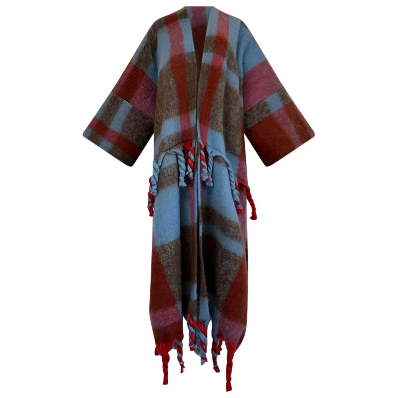 Plaid robe with red, blue, and brown colors on a white background (Blue)