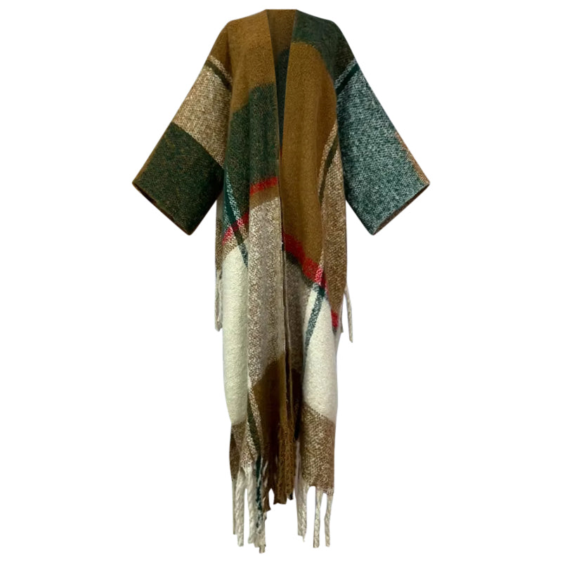 Multicolored patterned cardigan with fringes on a white background (Brown)