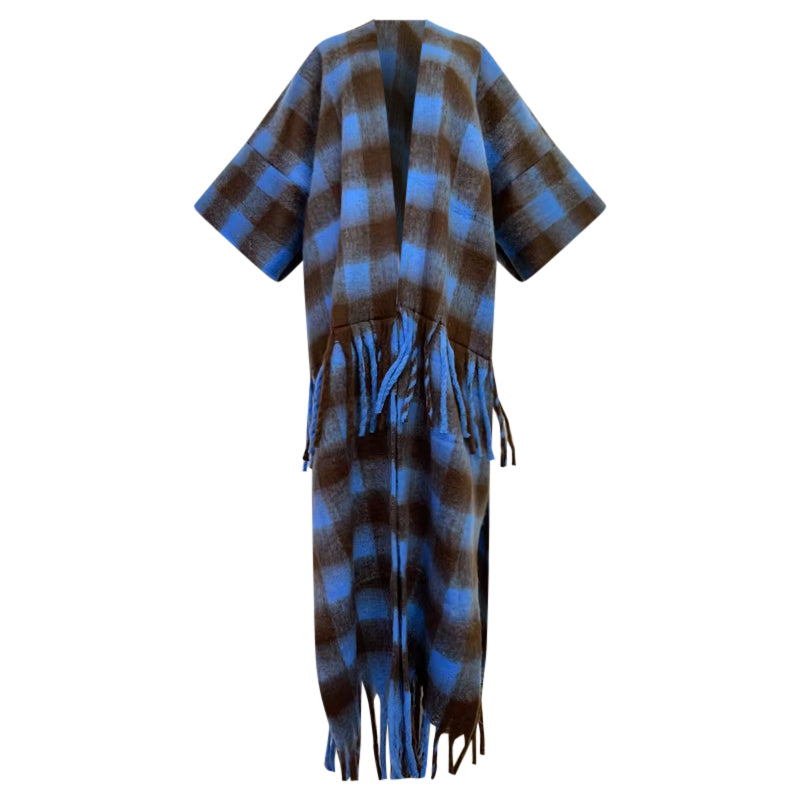 Plaid robe with fringes on a white background (Blue)