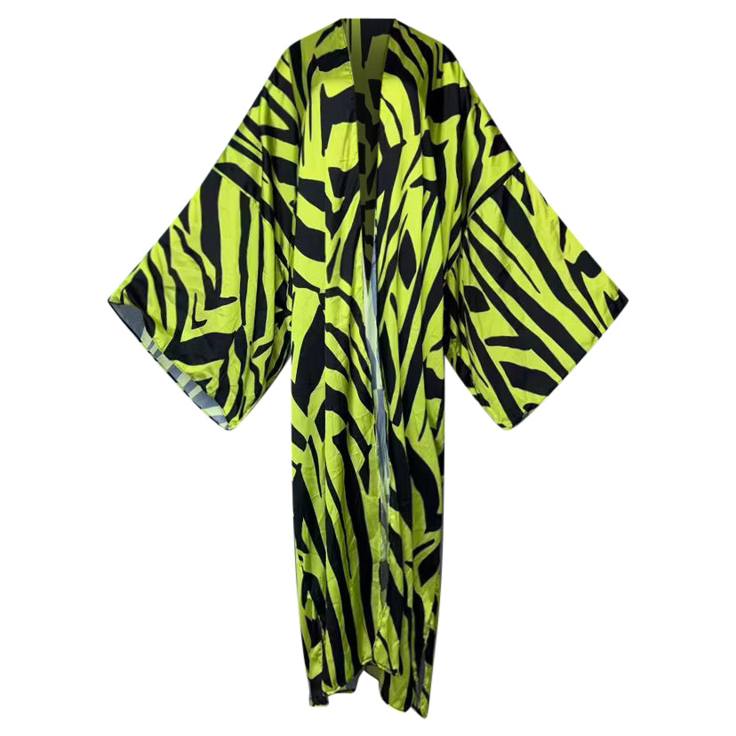 Zebra patterned silk kimono with neon green and black stripes 