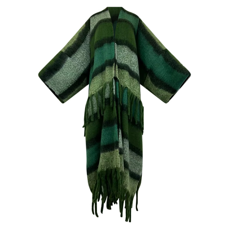 Green striped scarf with fringes on a white background (Green)