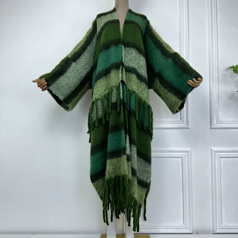 A wool cardigan kimono with striped patterns and fringes displayed on a mannequin against a white background. (Green)