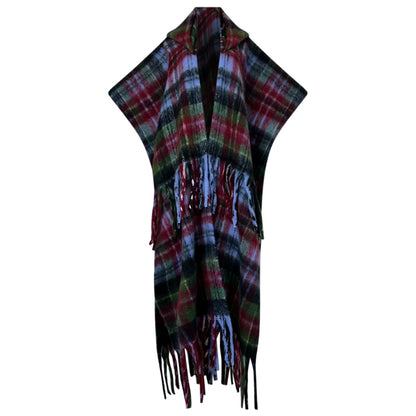 Plaid sweater with fringe on a white background (Blue) 