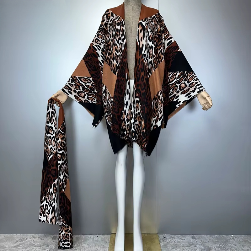 Leopard print kimono on a mannequin against a gray background (Brown)