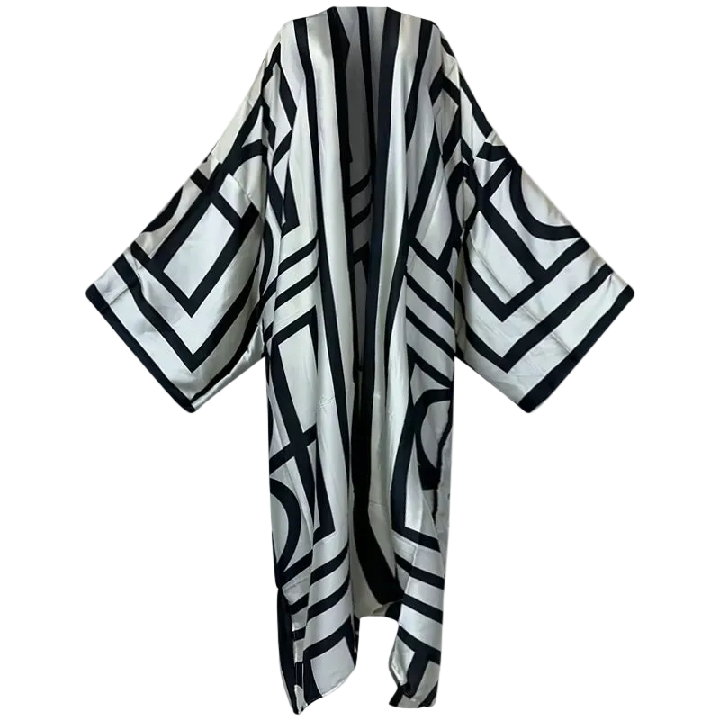 Black and white patterned kimono-style garment on a white background (White Black)