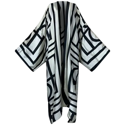 Kimono Robe – Midnight Maze Geometric Beach Cover Up (White Black)