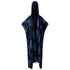 A hooded denim kimono with a geometric patchwork design in shades of blue and indigo, displayed in an open and draped position. (Dark Blue)