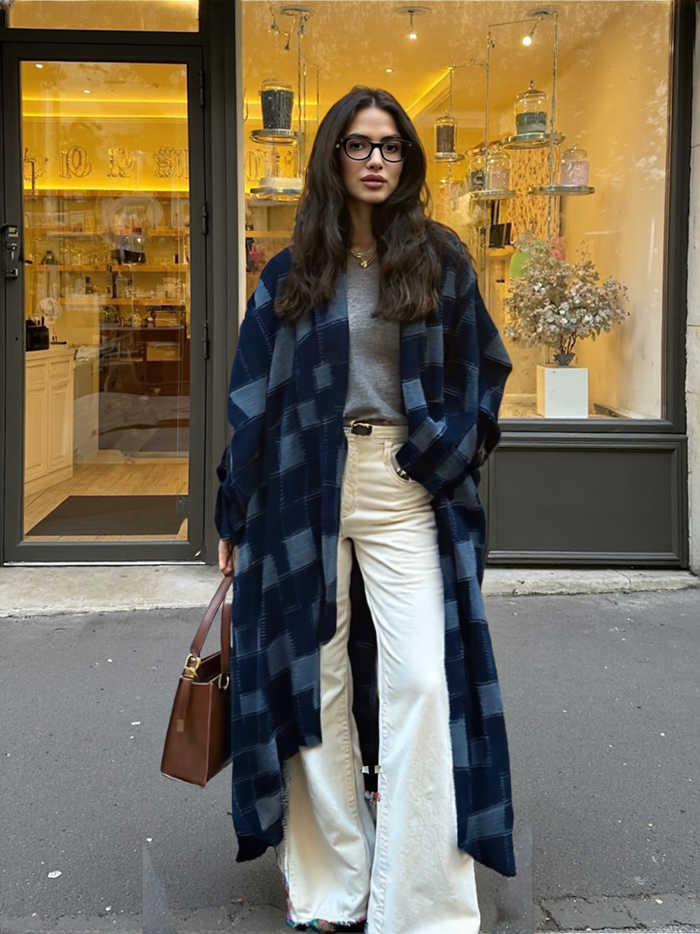 Woman wearing a blue plaid coat in front of a store window
