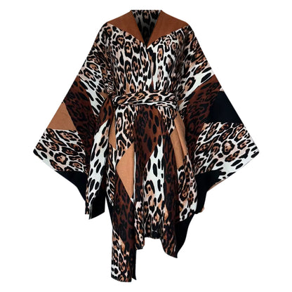 Leopard print poncho with a belt on a white background (Brown)