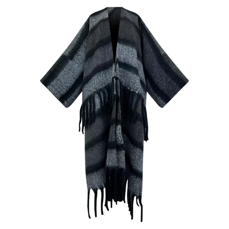 Black and gray striped poncho with fringes on a white background (Grey)