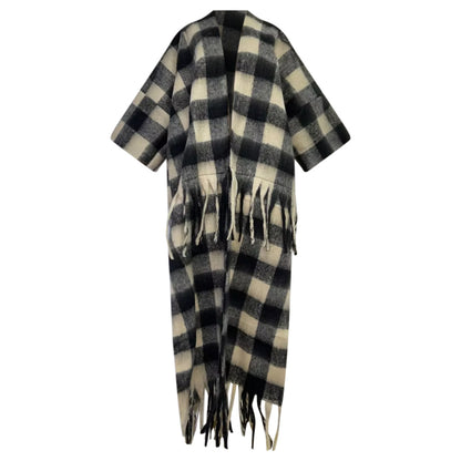 Black and white checkered poncho with fringes on a white background (Black)