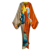 Colorful kimono with a mix of orange, blue, yellow, and beige on a white background (Orange)