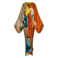 Colorful kimono with a mix of orange, blue, yellow, and beige on a white background (Orange)