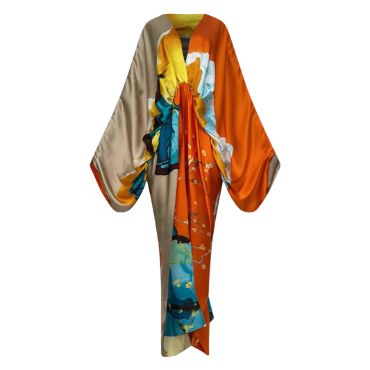 Colorful kimono with a mix of orange, blue, yellow, and beige on a white background (Orange)