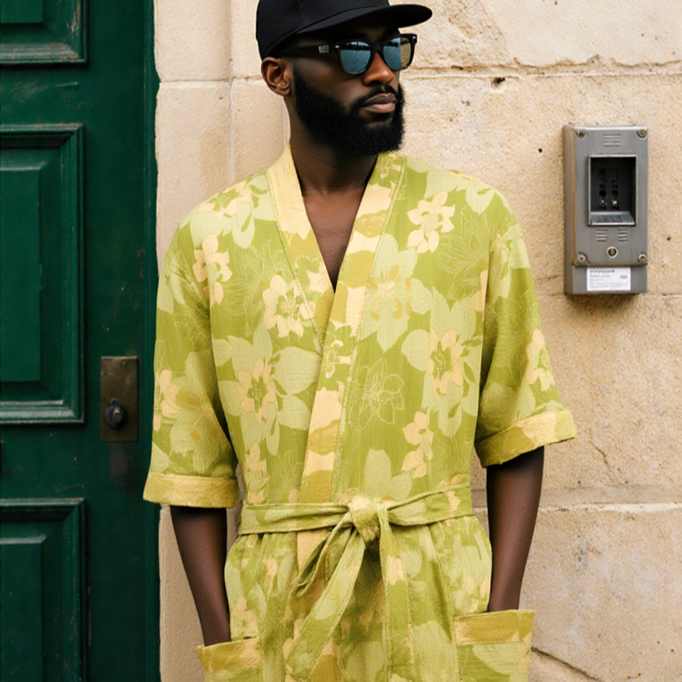 Man wearing a green floral robe standing against a stone wall. (Green)