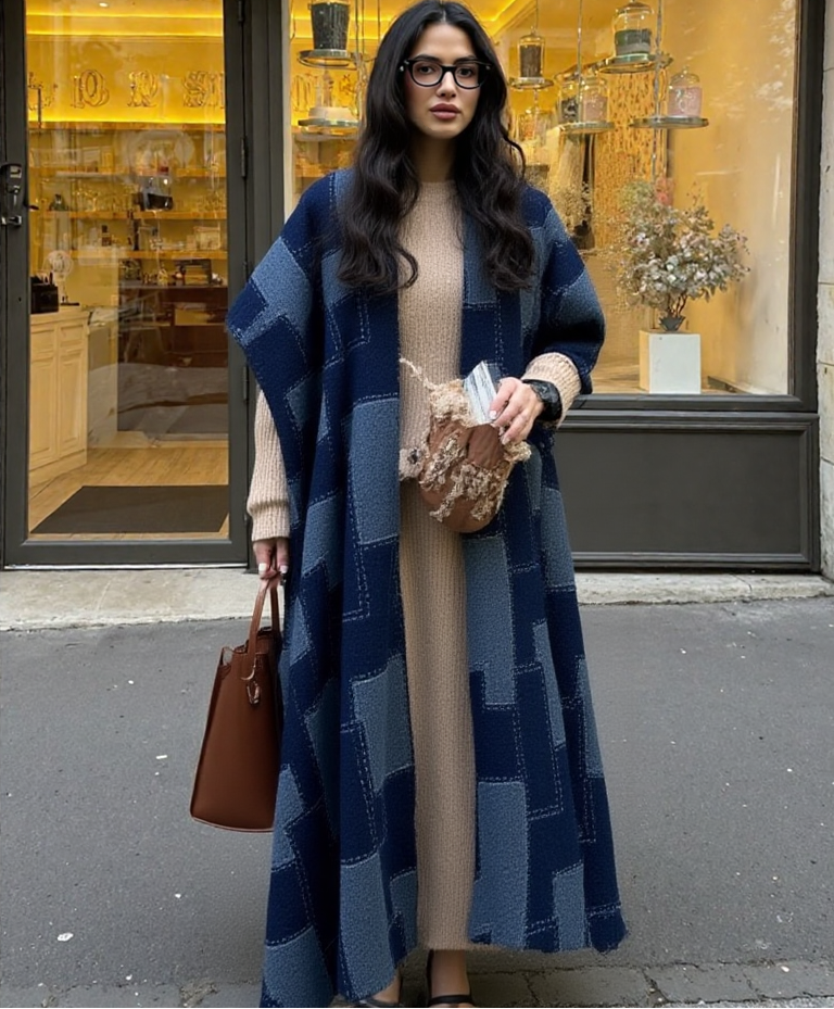 Woman wearing a blue patterned coat in front of a store window (Dark Blue)