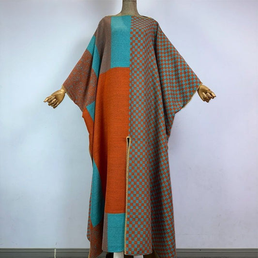 Vestido caftán de lana con bloques de color