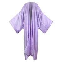 A lavender silk kimono with a solid pattern, displayed in an open style on a mannequin. (Lavender)