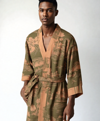 Man wearing a green and brown patterned robe on a white background (Green)