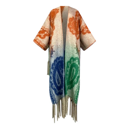 Colorful kimono-style garment with paisley patterns and fringes on a white background (Orange)