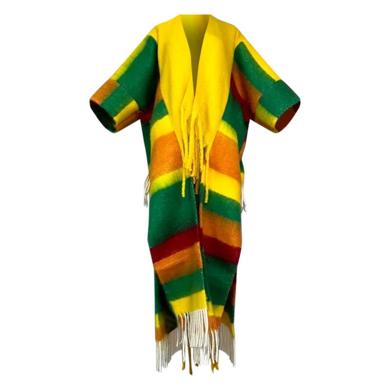 Colorful striped scarf with fringes on a white background (Yellow)