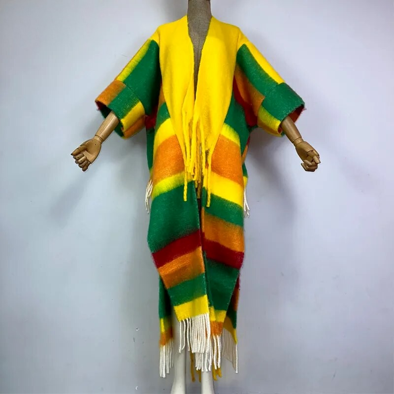 Mannequin wearing a colorful striped robe with fringes on a white background (Yellow)