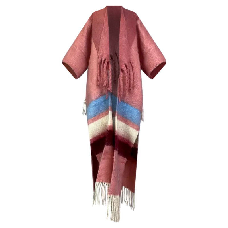 Red poncho with colorful stripes and fringes on a white background (Pink)