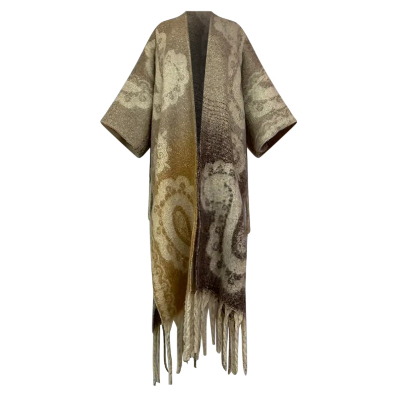 Patterned kimono with fringes on a white background (Brown)