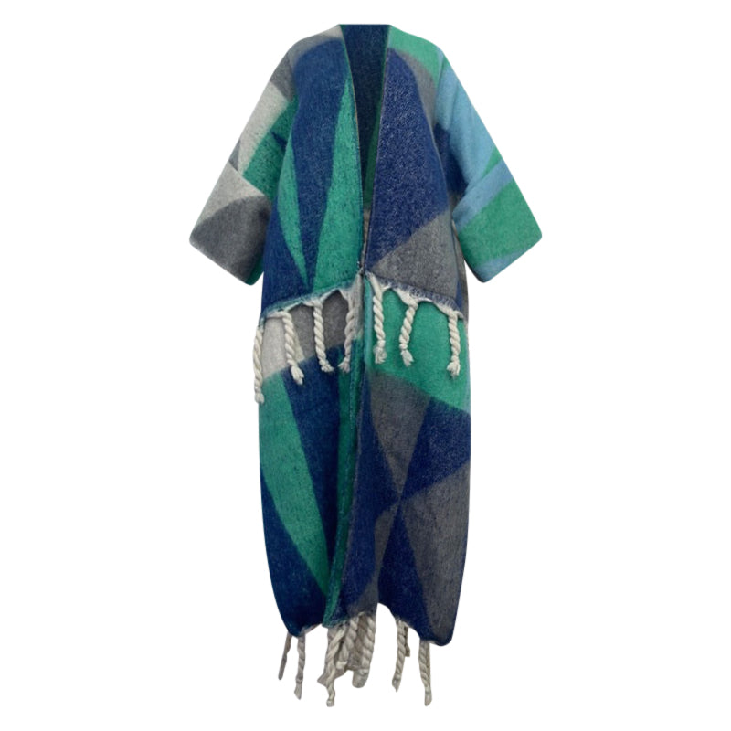 Robe Kimono Lavish Wool Tassel Cardigan Kimono (Blue)