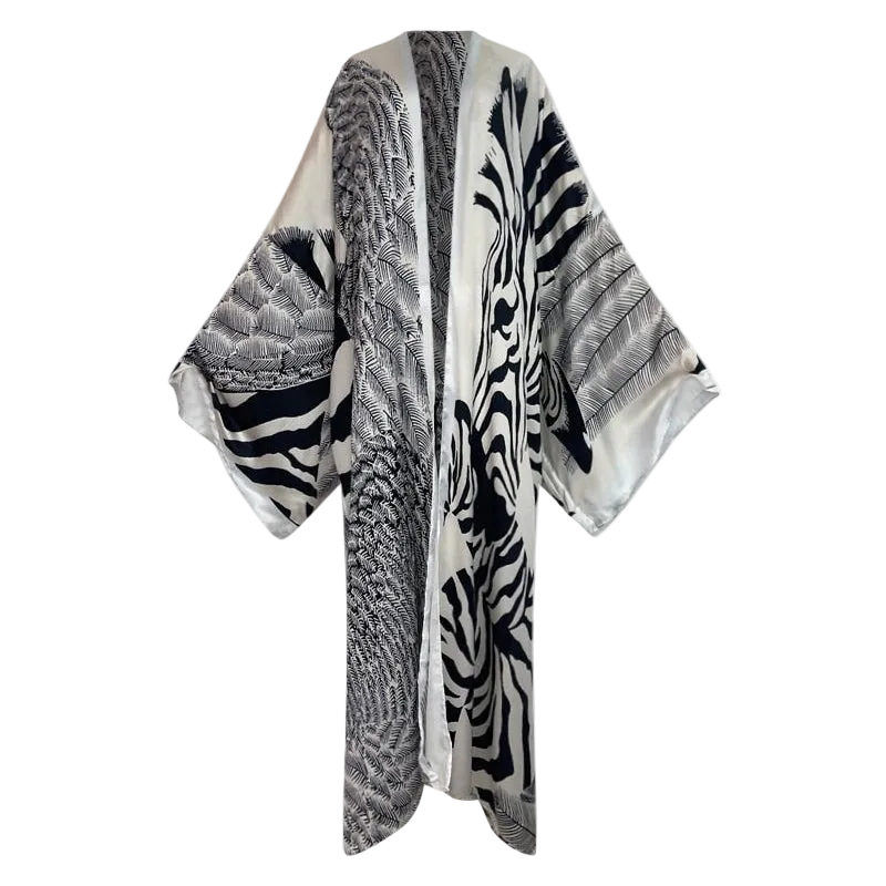 Zebra print kimono-style garment on a white background