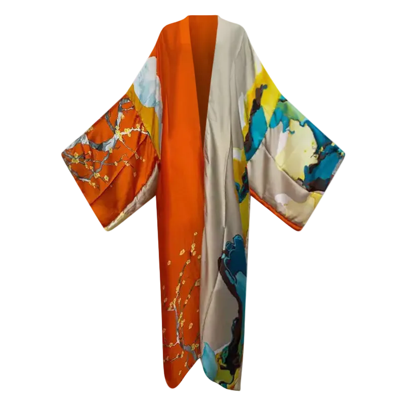 Colorful kimono with floral patterns on a white background(Orange)