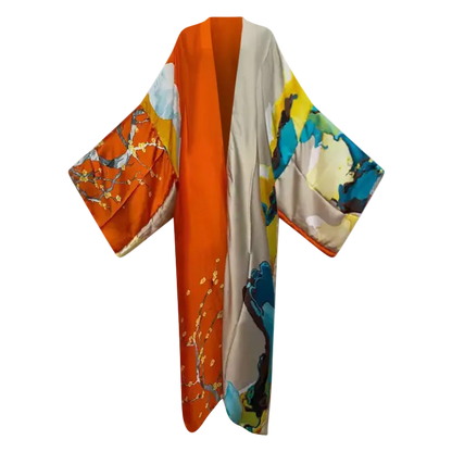 Colorful kimono with floral patterns on a white background(Orange)