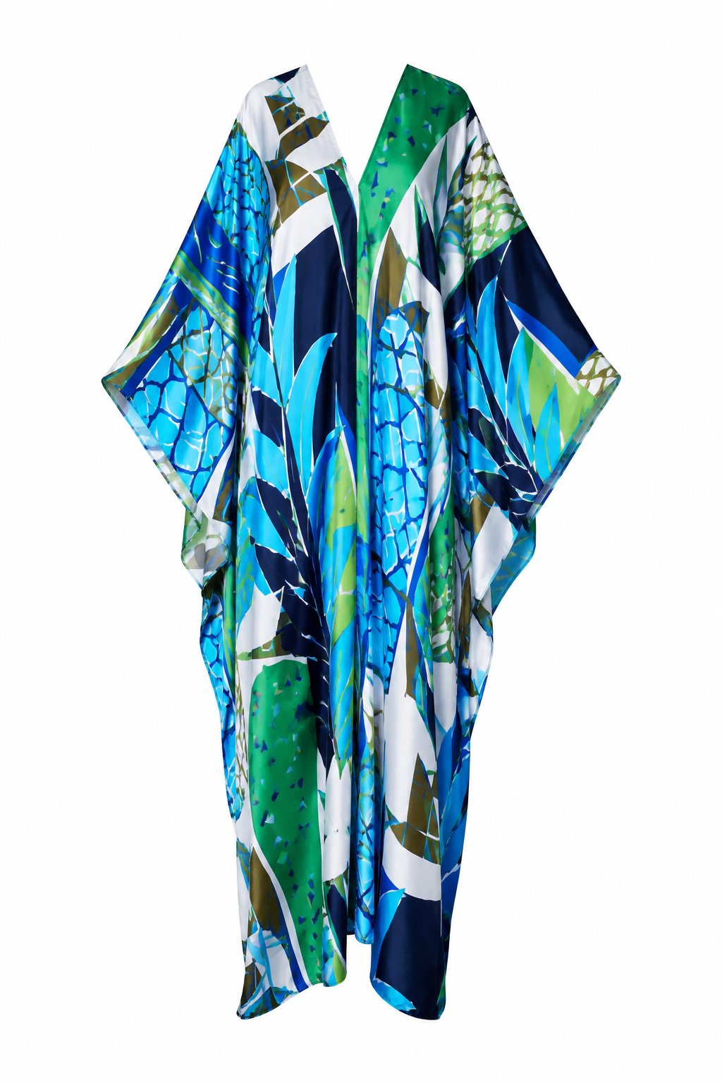 A lightweight, open-front kaftan or poncho with a vibrant tropical leaf print in shades of blue, green, navy, and white, displayed against a solid white background.