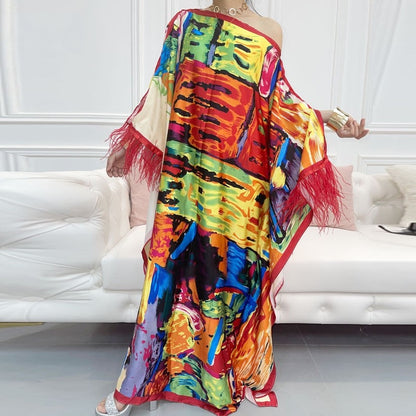 Art Show Feathered Sleeve Kaftan Dress (7318765076638)