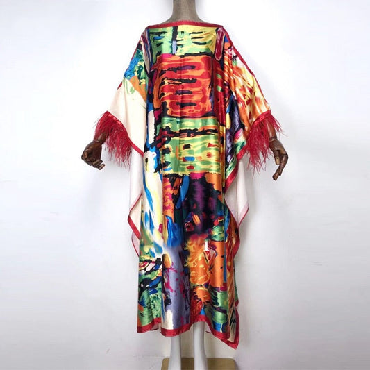 Art Show Feathered Sleeve Kaftan Dress (7318765076638)